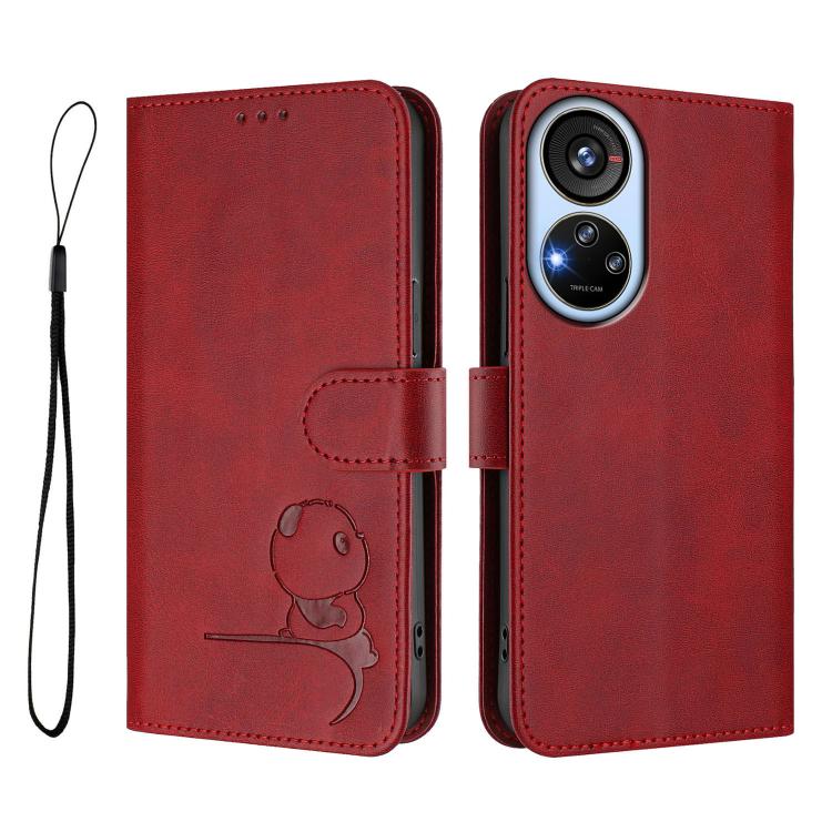 For ZTE Blade V40s Litter Panda Embossing RFID Leather Phone Case with Lanyard