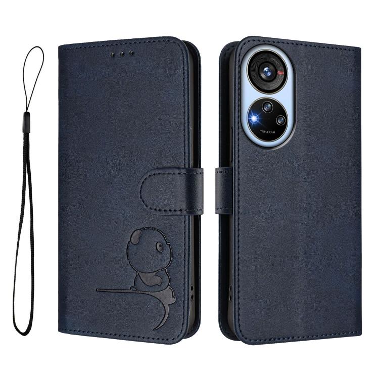 For ZTE Blade V40s Litter Panda Embossing RFID Leather Phone Case with Lanyard
