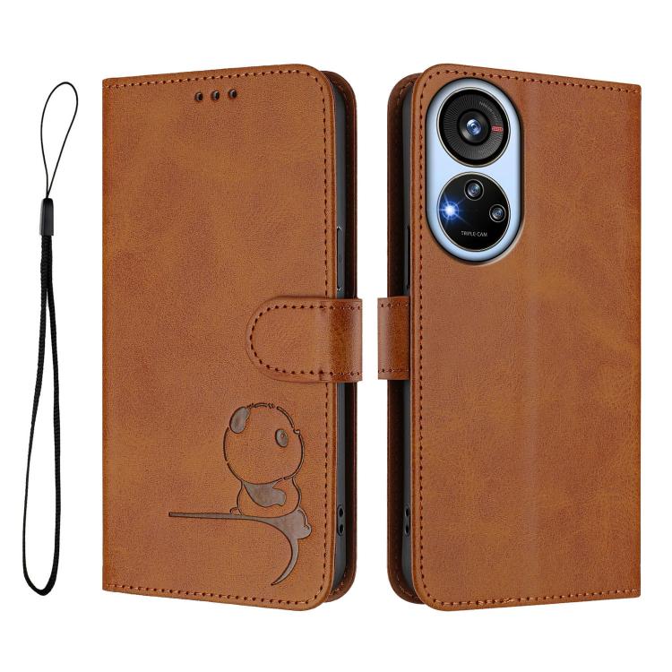 For ZTE Blade V40s Litter Panda Embossing RFID Leather Phone Case with Lanyard