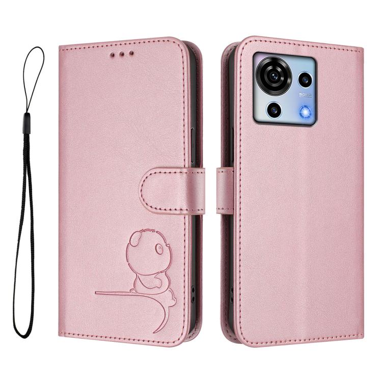 For ZTE Blade V50 Vita Litter Panda Embossing RFID Leather Phone Case with Lanyard