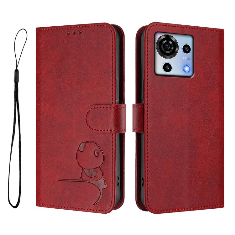 For ZTE Blade V50 Vita Litter Panda Embossing RFID Leather Phone Case with Lanyard