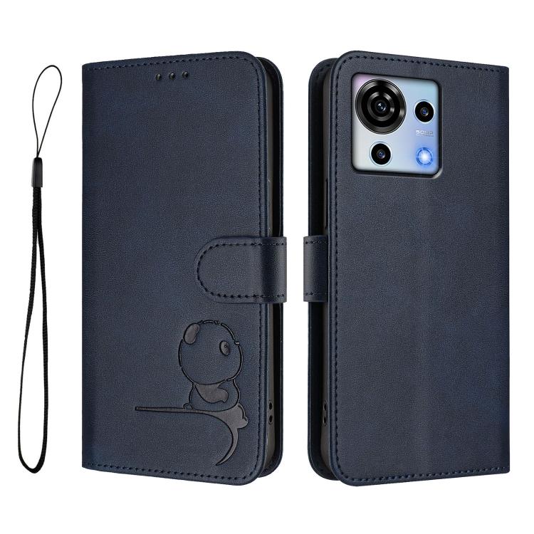 For ZTE Blade V50 Vita Litter Panda Embossing RFID Leather Phone Case with Lanyard