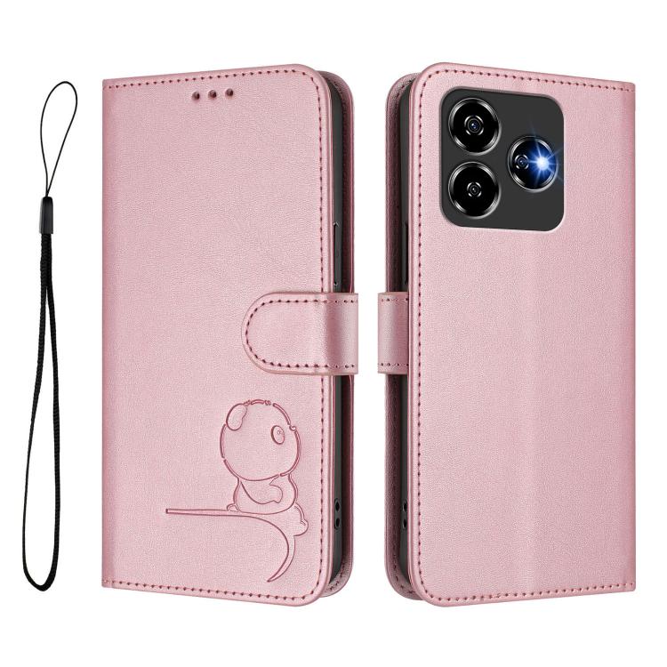 For ZTE Blade V60 Vita / V60 Design Litter Panda Embossing RFID Leather Phone Case with Lanyard