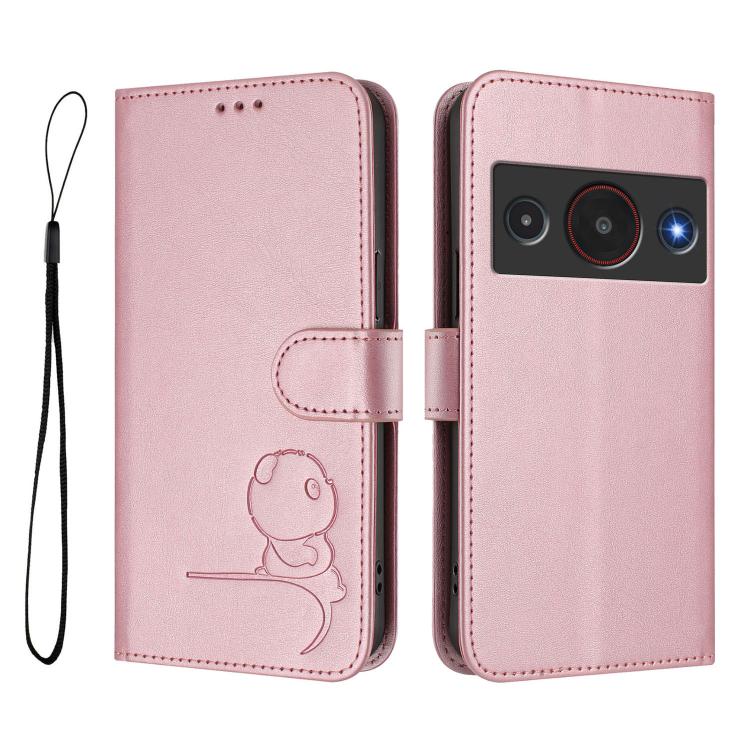 For ZTE Blade A75 Pro 5G / Telstra T-Elite 5G Litter Panda Embossing RFID Leather Phone Case with Lanyard