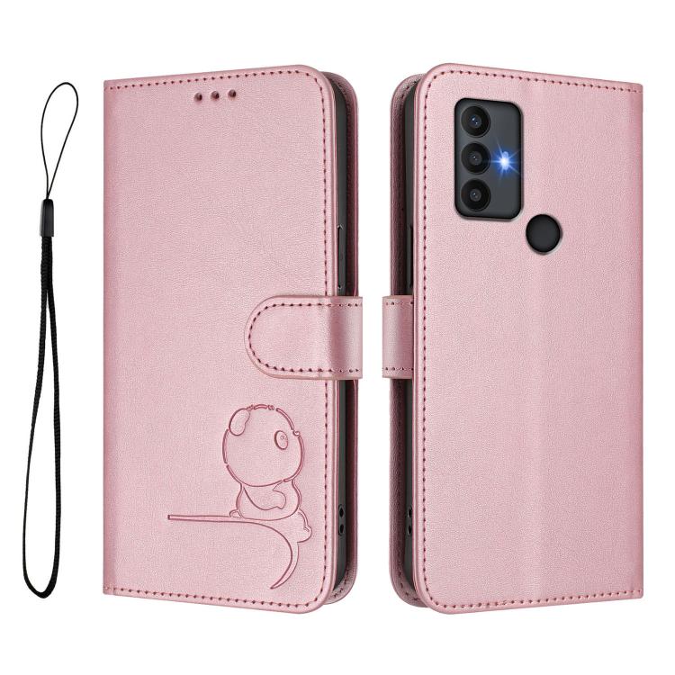 For TCL 30 SE Litter Panda Embossing RFID Leather Phone Case with Lanyard