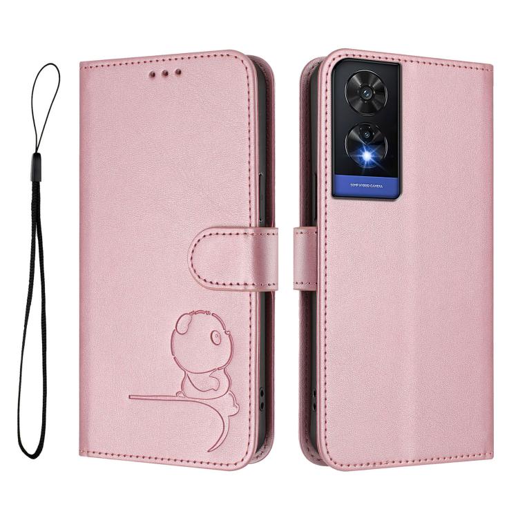 For TCL 505 Litter Panda Embossing RFID Leather Phone Case with Lanyard