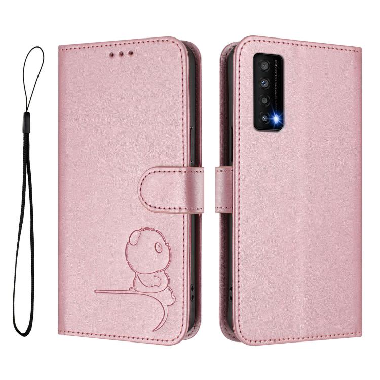 For TCL Stylus 5G Litter Panda Embossing RFID Leather Phone Case with Lanyard