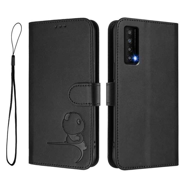 For TCL Stylus 5G Litter Panda Embossing RFID Leather Phone Case with Lanyard