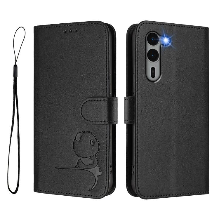 For Fujitsu Arrows We2 Plus F-51E Litter Panda Embossing RFID Leather Phone Case with Lanyard