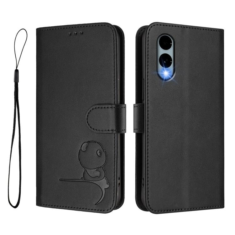 For Fujitsu Arrows We2 F-52E Litter Panda Embossing RFID Leather Phone Case with Lanyard