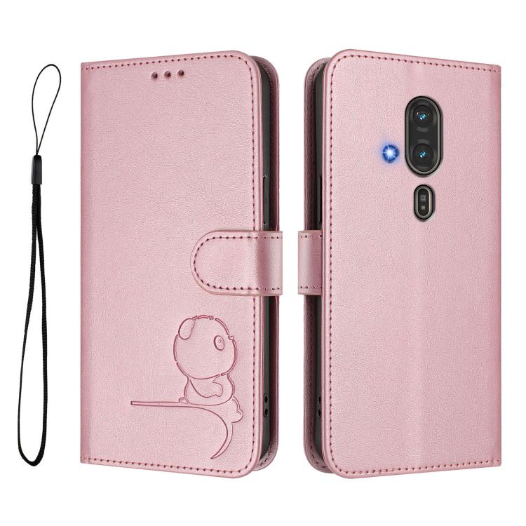 For Fujitsu FCNT Rakuraku F-53E Litter Panda Embossing RFID Leather Phone Case with Lanyard
