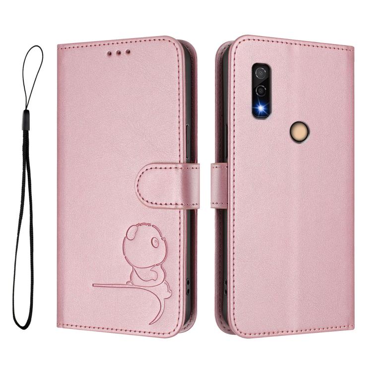 For Fujitsu Arrows We3 Litter Panda Embossing RFID Leather Phone Case with Lanyard