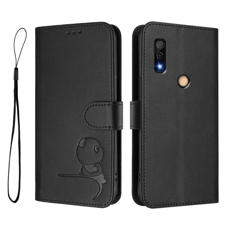 For Fujitsu Arrows We3 Litter Panda Embossing RFID Leather Phone Case with Lanyard