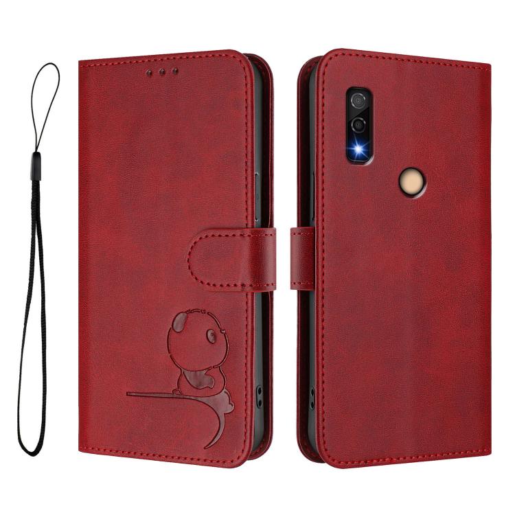 For Fujitsu Arrows We3 Litter Panda Embossing RFID Leather Phone Case with Lanyard