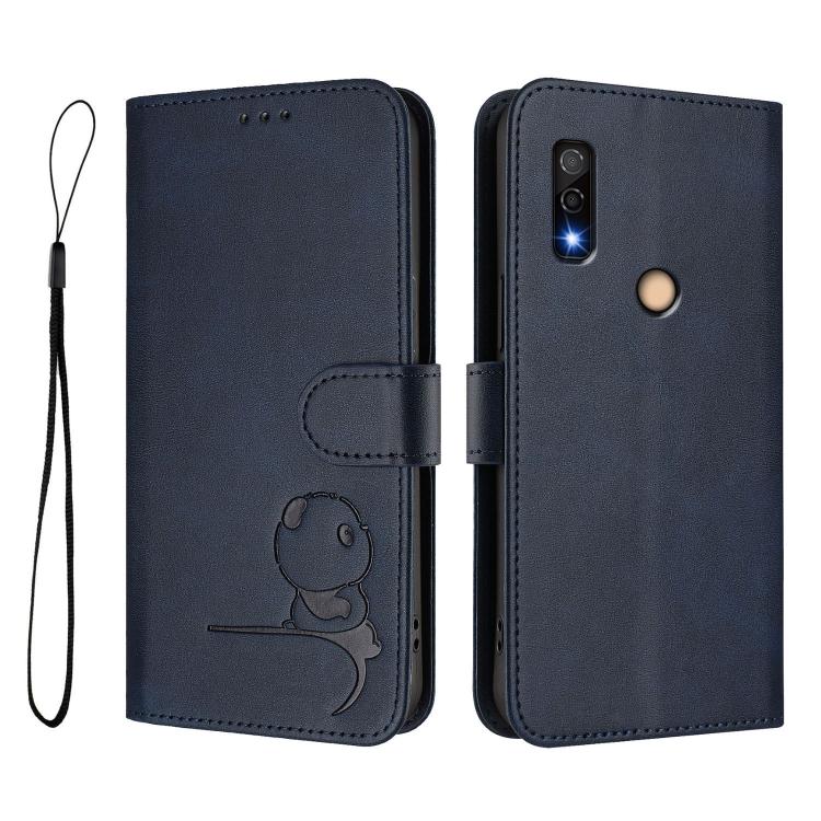 For Fujitsu Arrows We3 Litter Panda Embossing RFID Leather Phone Case with Lanyard
