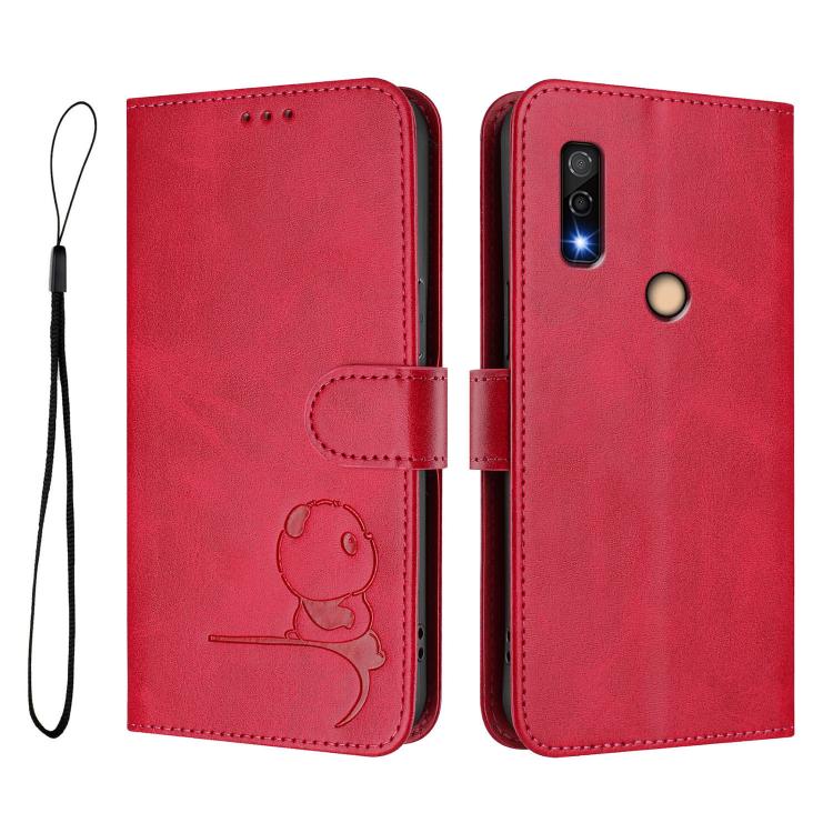 For Fujitsu Arrows We3 Litter Panda Embossing RFID Leather Phone Case with Lanyard