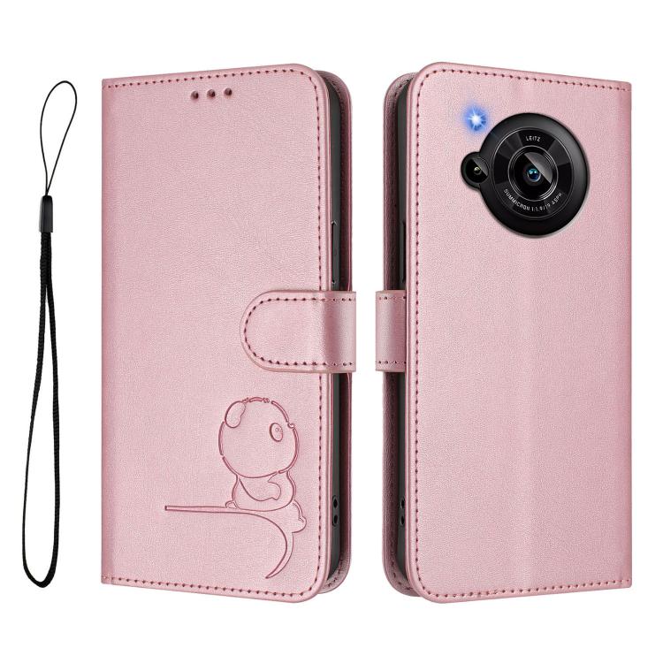 For Sharp Aquos R7 SH-52C Litter Panda Embossing RFID Leather Phone Case with Lanyard