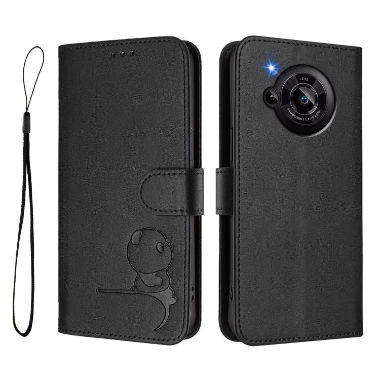 For Sharp Aquos R7 SH-52C Litter Panda Embossing RFID Leather Phone Case with Lanyard