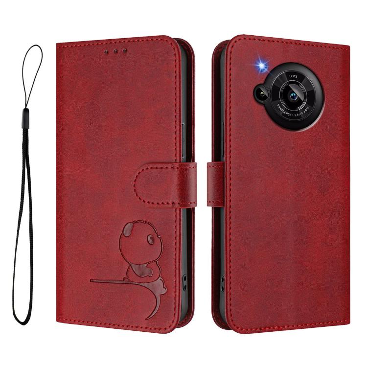 For Sharp Aquos R7 SH-52C Litter Panda Embossing RFID Leather Phone Case with Lanyard