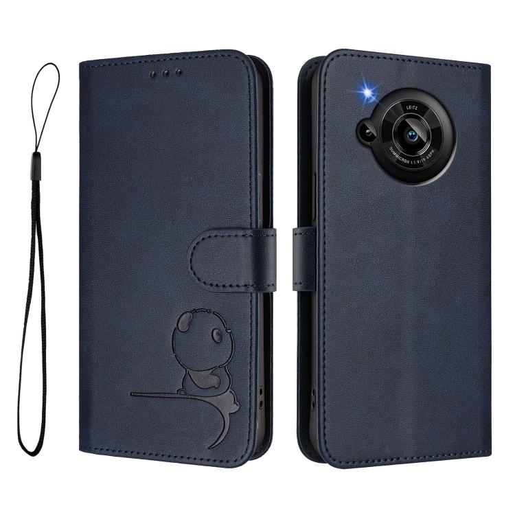 For Sharp Aquos R7 SH-52C Litter Panda Embossing RFID Leather Phone Case with Lanyard