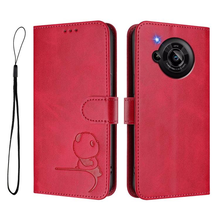 For Sharp Aquos R7 SH-52C Litter Panda Embossing RFID Leather Phone Case with Lanyard