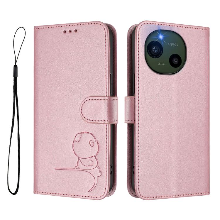 For Sharp Aquos R10 Litter Panda Embossing RFID Leather Phone Case with Lanyard