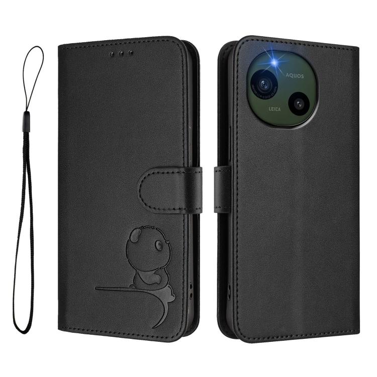 For Sharp Aquos R10 Litter Panda Embossing RFID Leather Phone Case with Lanyard