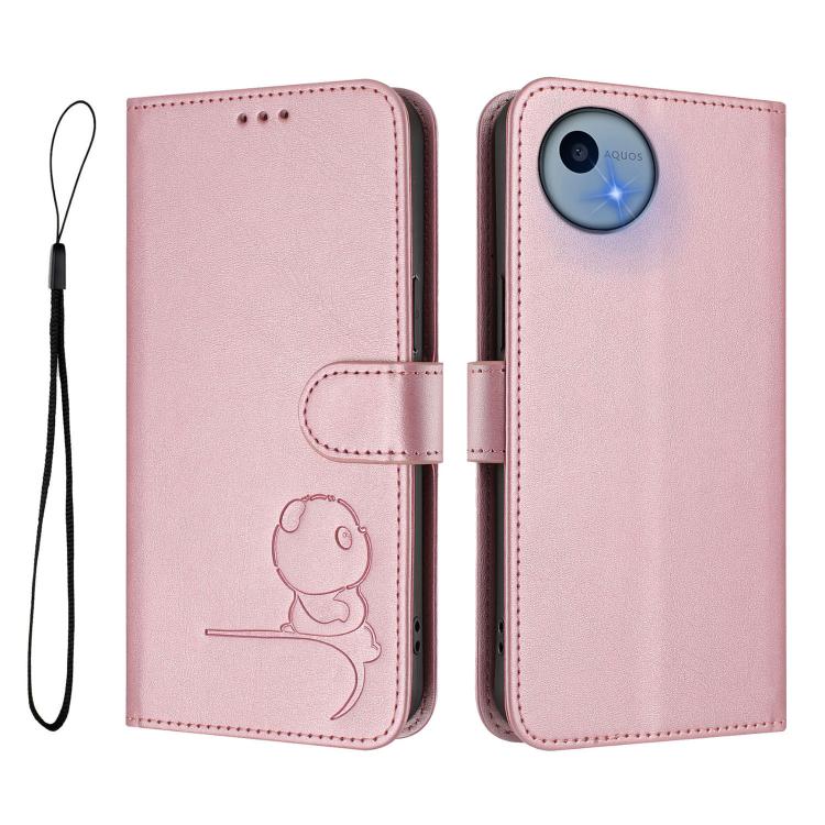 For Sharp Aquos wish5 Litter Panda Embossing RFID Leather Phone Case with Lanyard