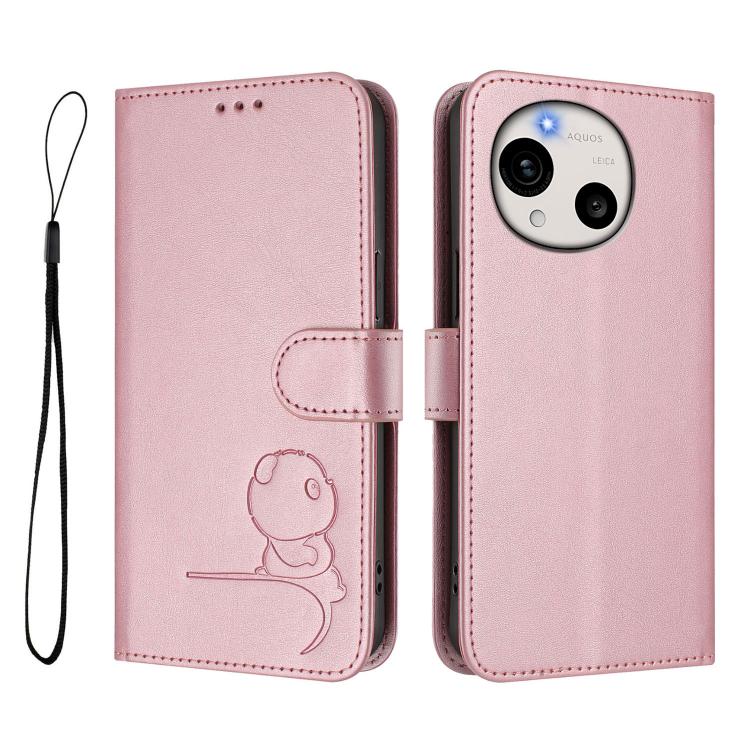 For Sharp Aquos R11 Litter Panda Embossing RFID Leather Phone Case with Lanyard