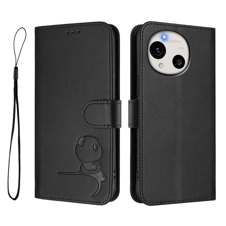 For Sharp Aquos R11 Litter Panda Embossing RFID Leather Phone Case with Lanyard