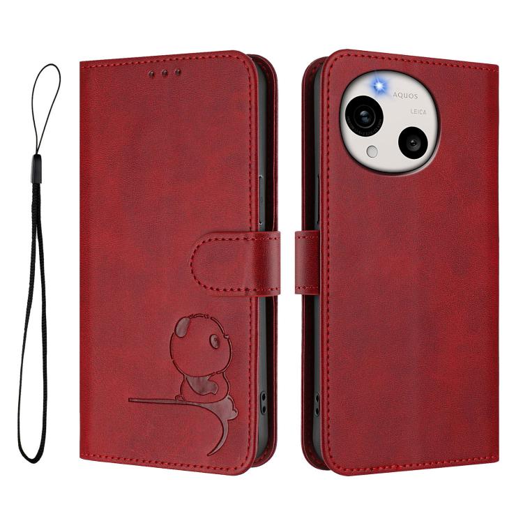For Sharp Aquos R11 Litter Panda Embossing RFID Leather Phone Case with Lanyard