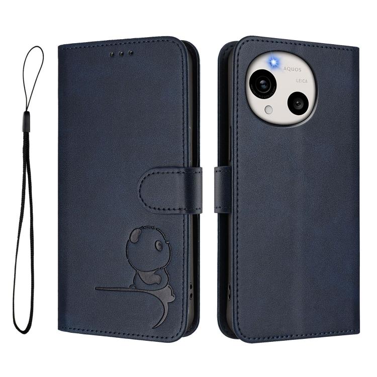 For Sharp Aquos R11 Litter Panda Embossing RFID Leather Phone Case with Lanyard