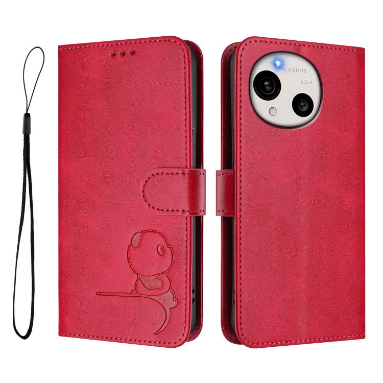 For Sharp Aquos R11 Litter Panda Embossing RFID Leather Phone Case with Lanyard