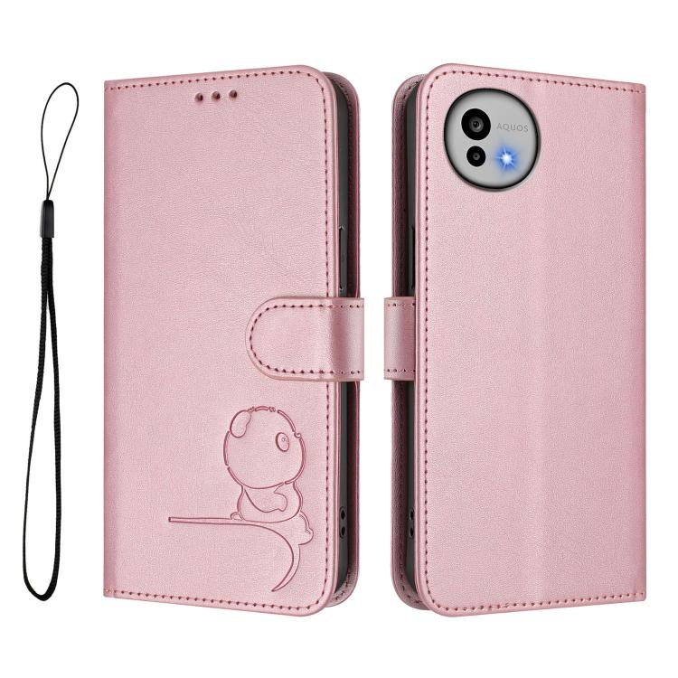 For Sharp Aquos wish6 Litter Panda Embossing RFID Leather Phone Case with Lanyard