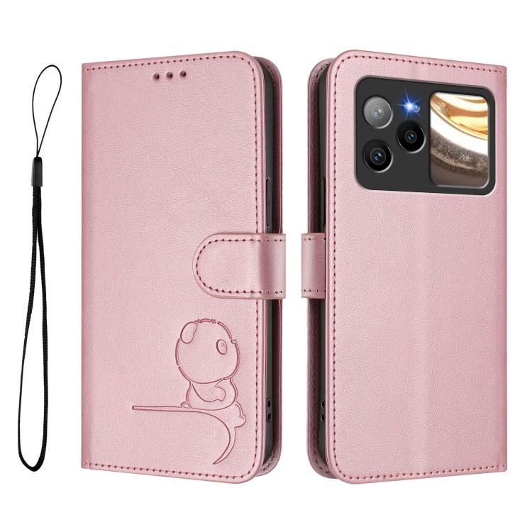 For BLU Bold N4 Litter Panda Embossing RFID Leather Phone Case with Lanyard
