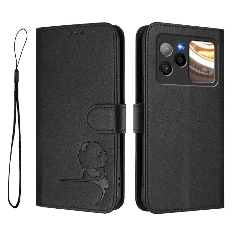 For BLU Bold N4 Litter Panda Embossing RFID Leather Phone Case with Lanyard