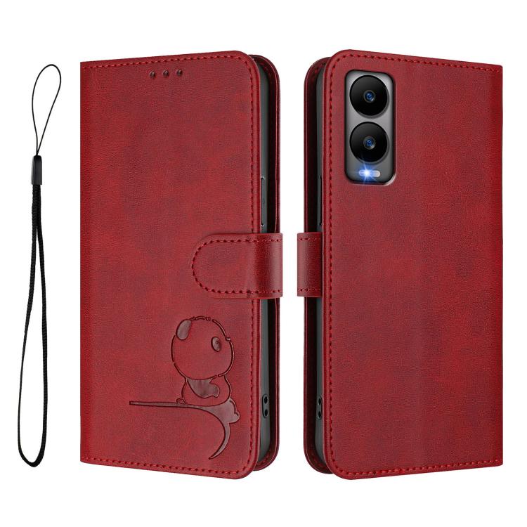 For Cricket Debut S3 Litter Panda Embossing RFID Leather Phone Case with Lanyard
