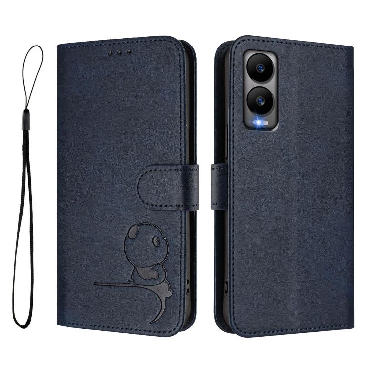 For Cricket Debut S3 Litter Panda Embossing RFID Leather Phone Case with Lanyard