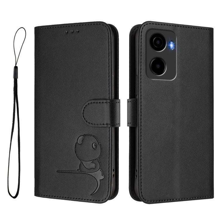 For Cricket Magic 2 5G Litter Panda Embossing RFID Leather Phone Case with Lanyard