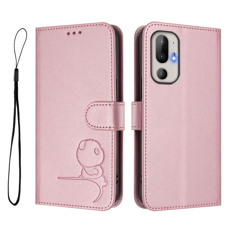 For HTC U24 Pro Litter Panda Embossing RFID Leather Phone Case with Lanyard