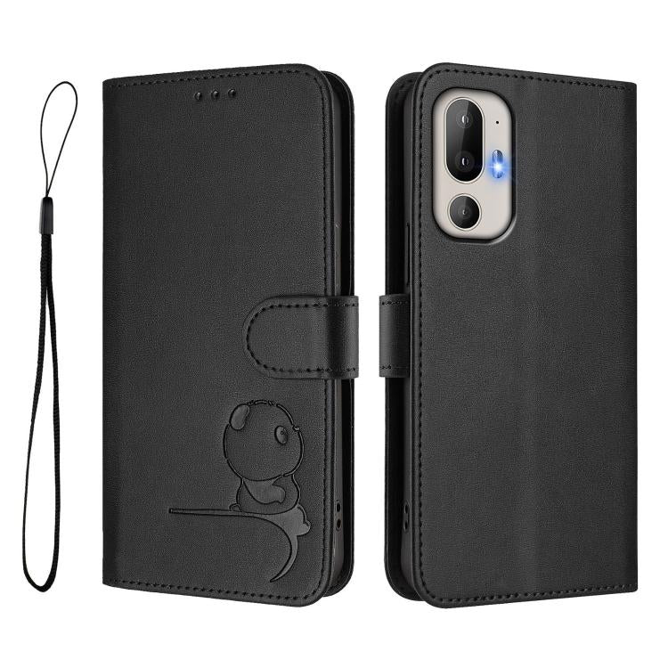 For HTC U24 Pro Litter Panda Embossing RFID Leather Phone Case with Lanyard
