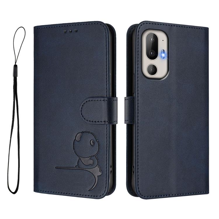 For HTC U24 Pro Litter Panda Embossing RFID Leather Phone Case with Lanyard