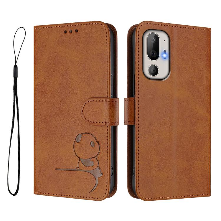 For HTC U24 Pro Litter Panda Embossing RFID Leather Phone Case with Lanyard