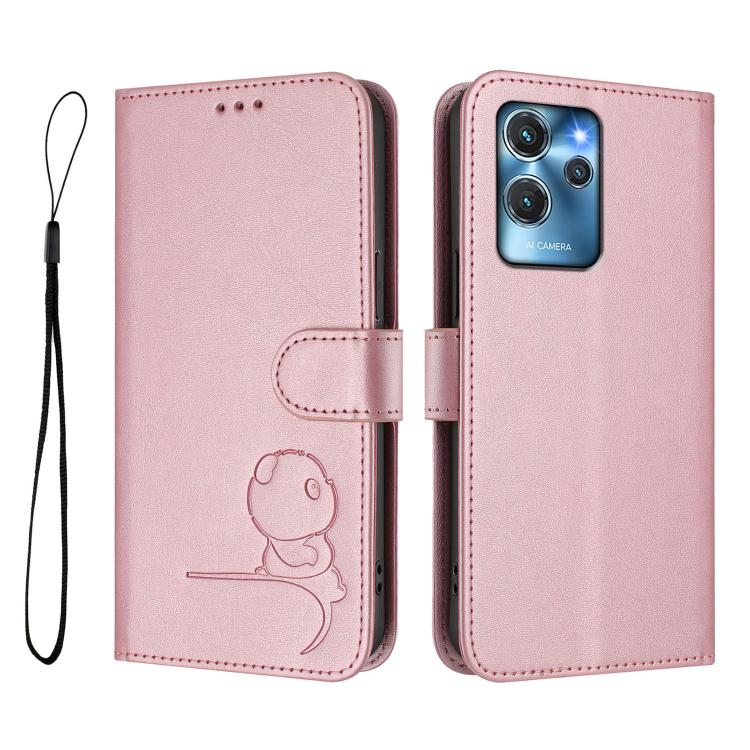 For Oukitel C32 Litter Panda Embossing RFID Leather Phone Case with Lanyard
