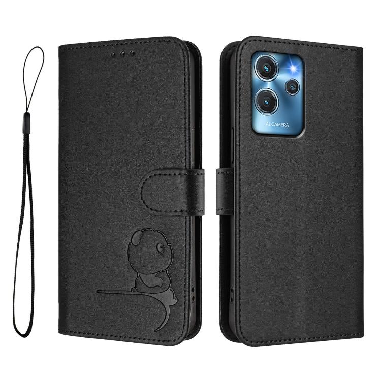 For Oukitel C32 Litter Panda Embossing RFID Leather Phone Case with Lanyard