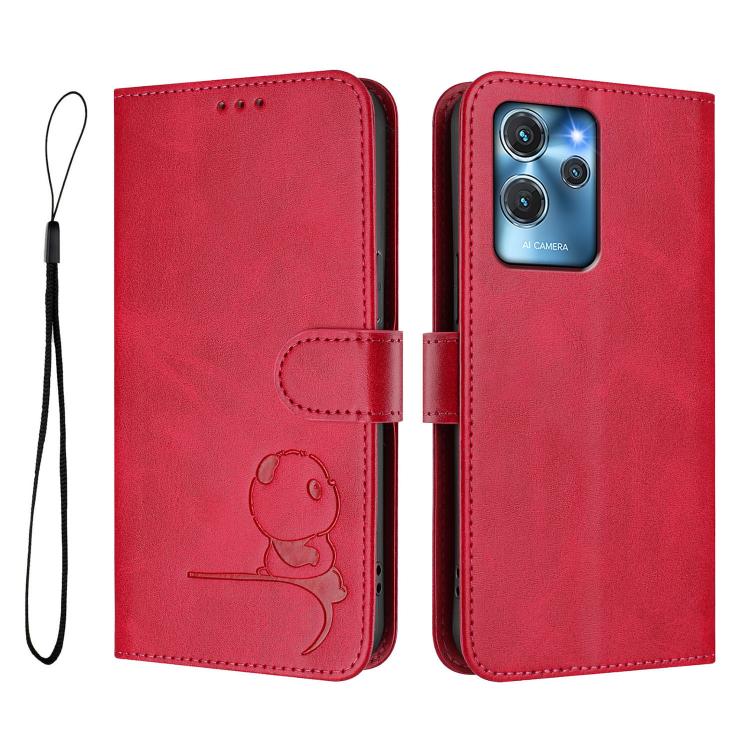For Oukitel C32 Litter Panda Embossing RFID Leather Phone Case with Lanyard