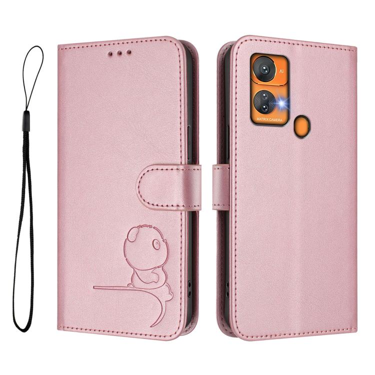 For Oukitel C33 Litter Panda Embossing RFID Leather Phone Case with Lanyard