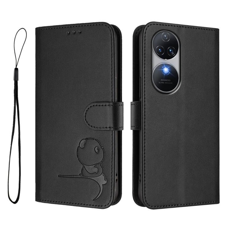 For Oukitel C38 Litter Panda Embossing RFID Leather Phone Case with Lanyard