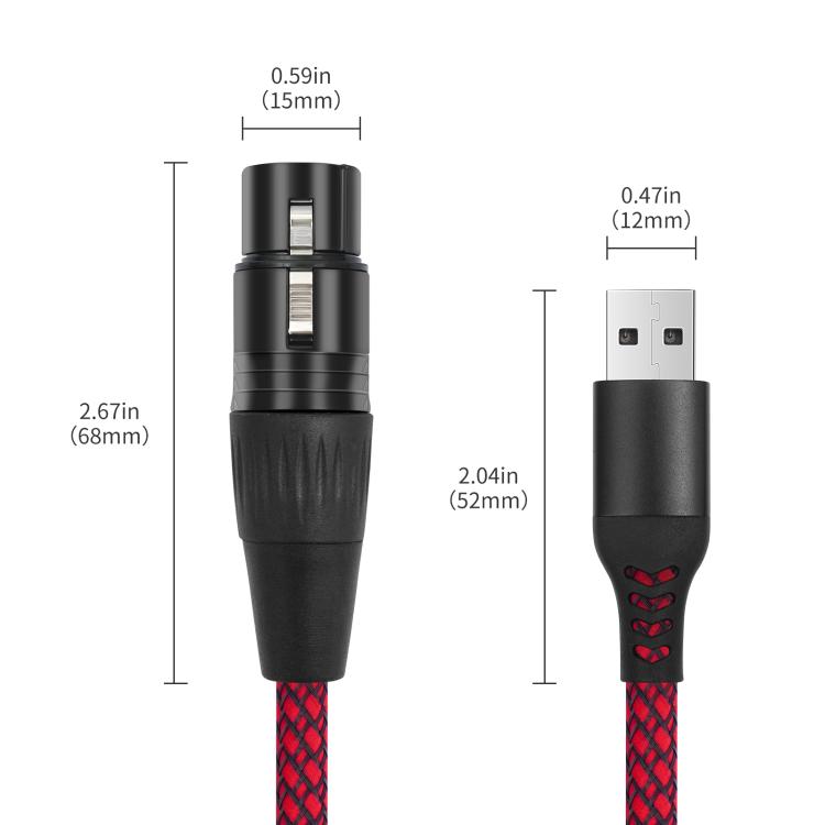 USB-A to XLR Female Audio Recording Cable for Dynamic Microphone, Length:2m - Black Red