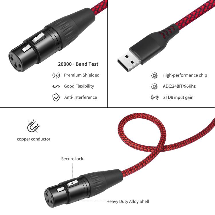 USB-A to XLR Female Audio Recording Cable for Dynamic Microphone, Length:1m - Black Red